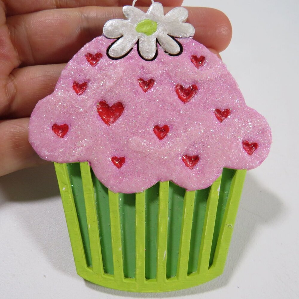 Cupcake with Flower Laser Cut Wooden Ornament Hangs #2